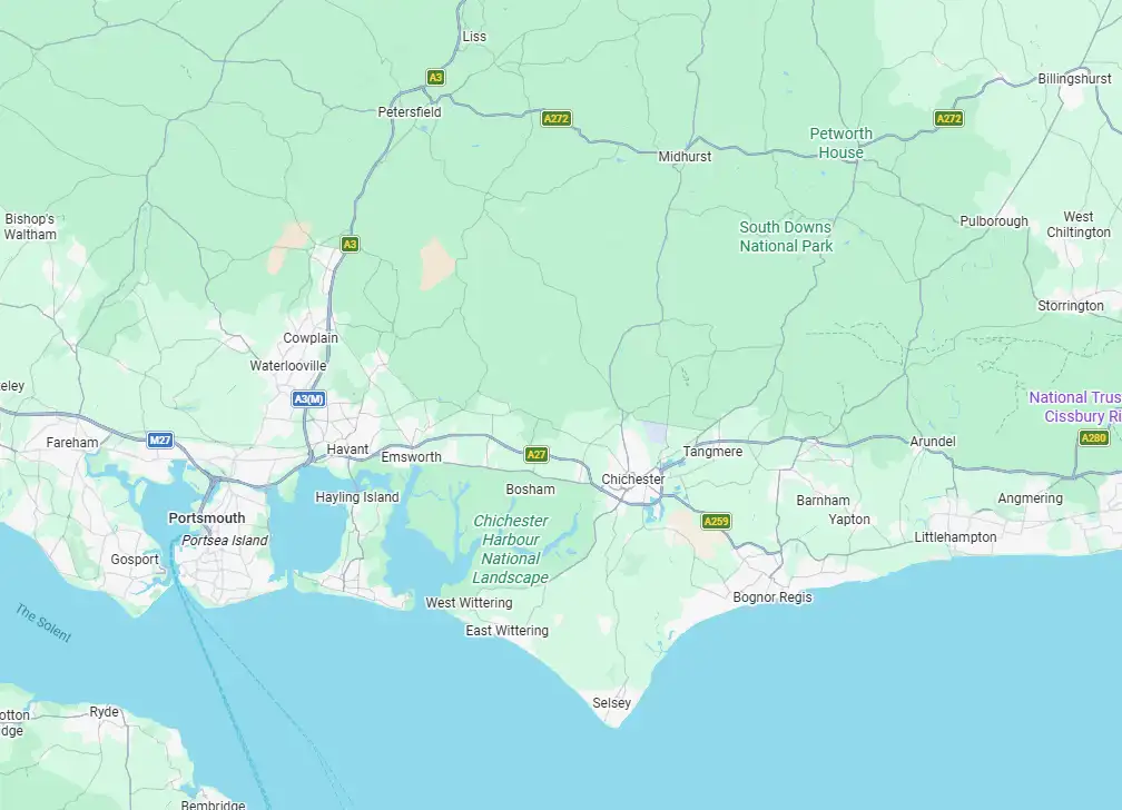 Map showing the areas covered by JR Harmes Roofing